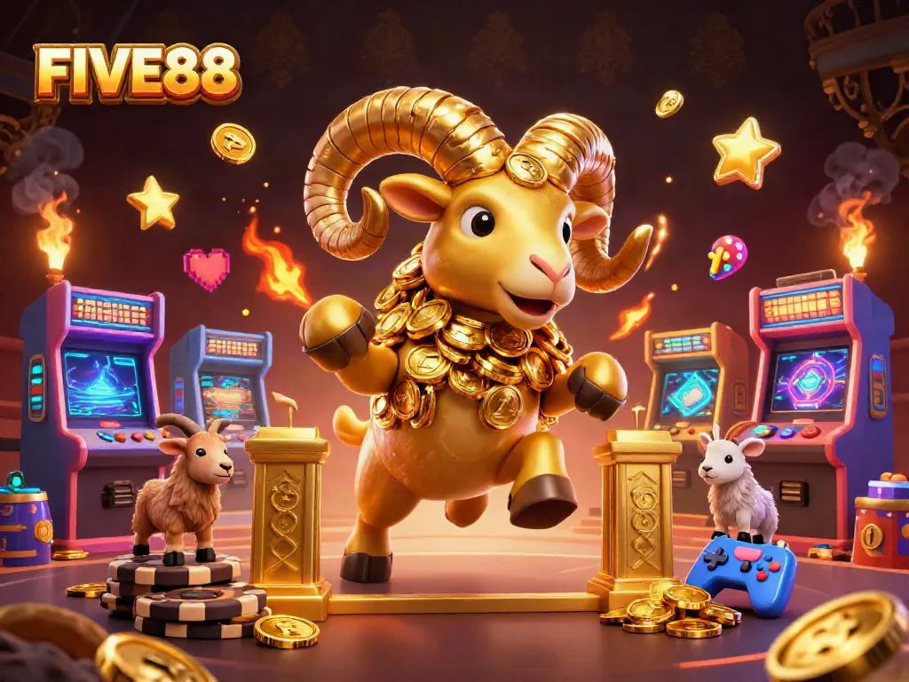 Experience thrilling wins at FIVE88 with a golden ram symbolizing luck and casino excitement.