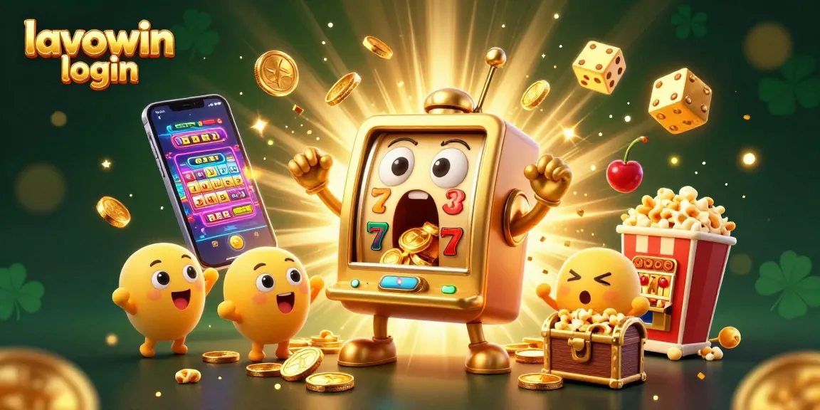 Engage in the excitement of lavowin login with a joyful slot machine scene filled with jackpots and golden coins.