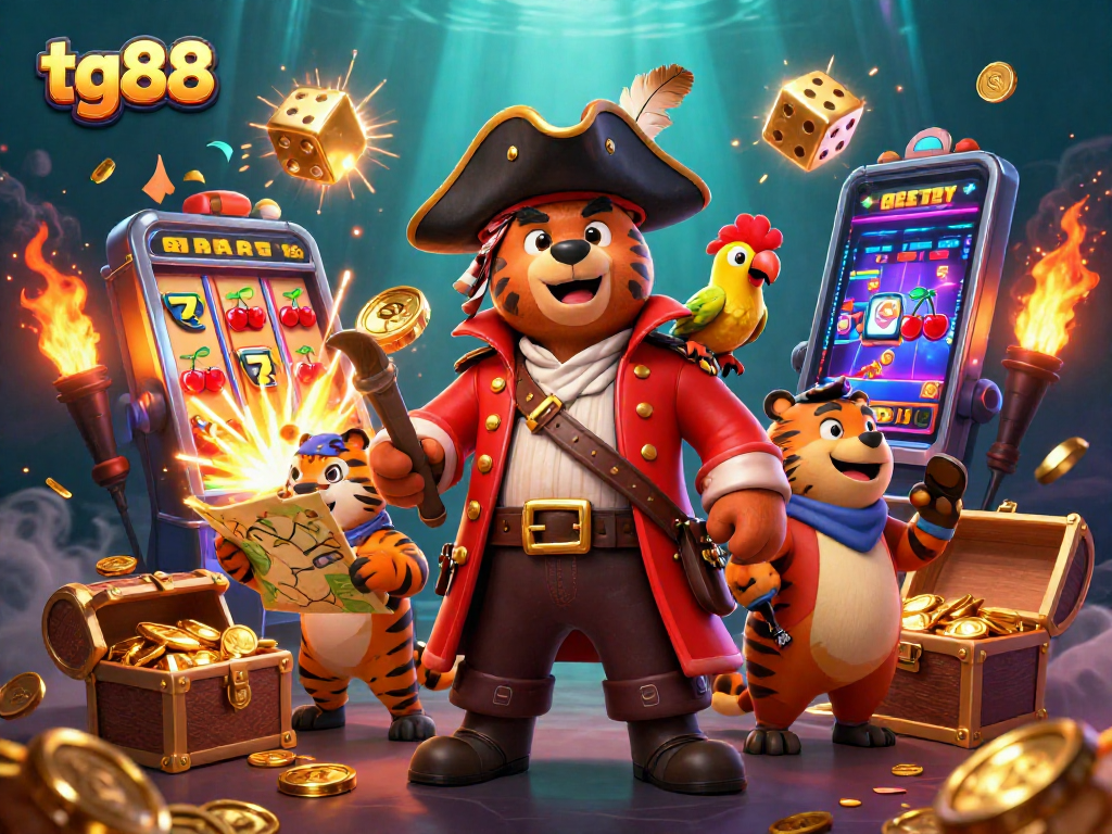 Engage with tg88's thrilling casino adventure featuring a pirate captain, tiger, and treasure amidst vibrant gaming elements.