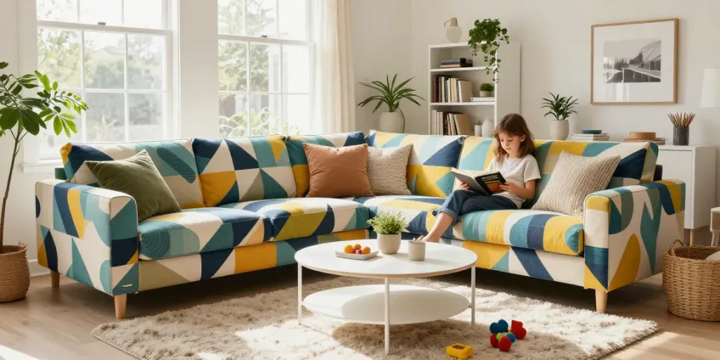 Soferia's custom IKEA furniture covers in a stylish living room, reflecting sustainable living.
