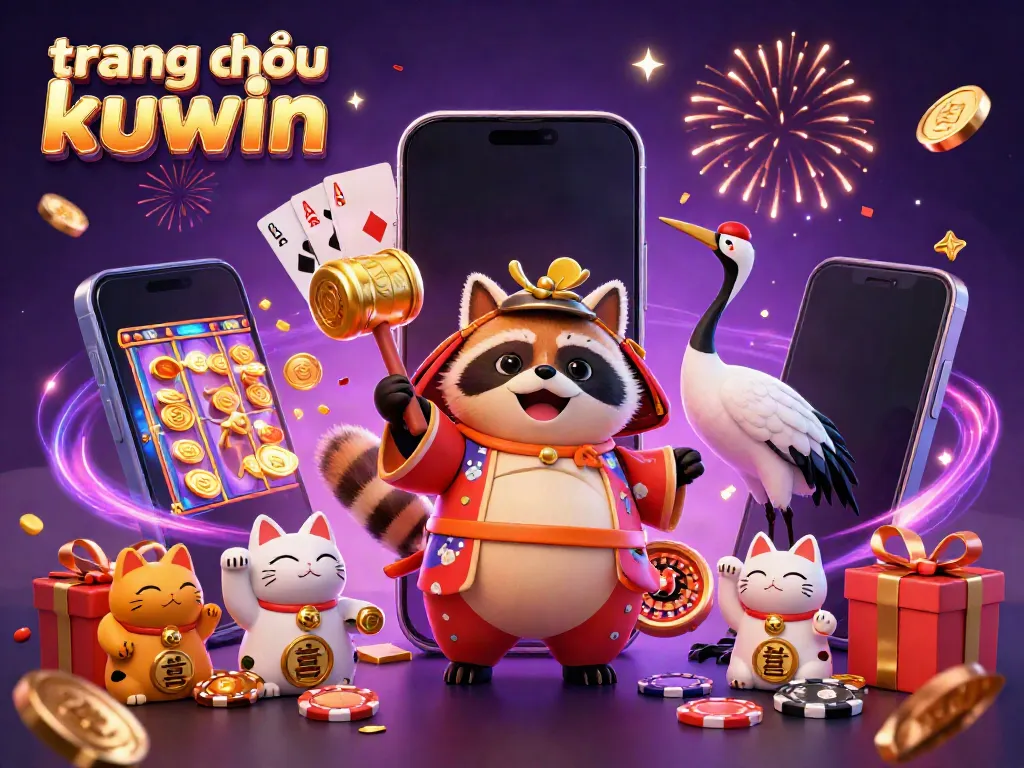 Engage with fun and luck at trang chủ kuwin featuring a cheerful tanuki and samurai crane in a vibrant casino scene.