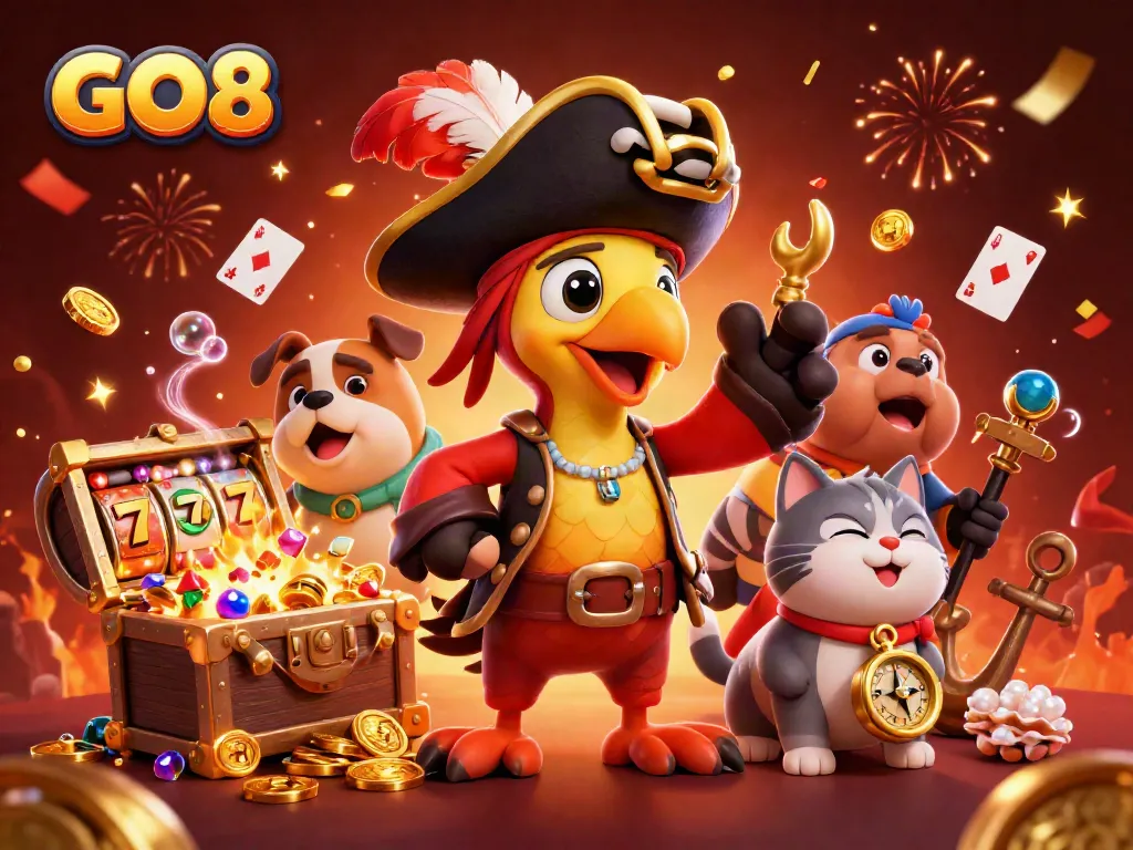 Engage in gameplay with GO8's vibrant casino scene featuring dynamic slot reels and colorful elements.