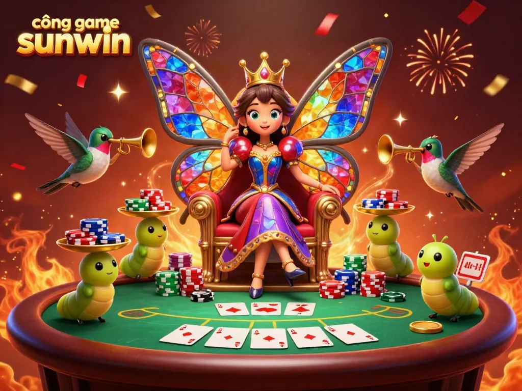 Experience the magic of cổng game sunwin with a vibrant scene featuring a butterfly queen and poker elements.