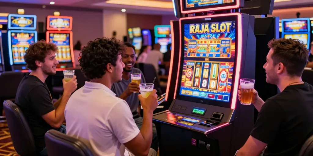 Diverse group of players excitedly engaging with the RAJA SLOT machine in a modern casino setting.