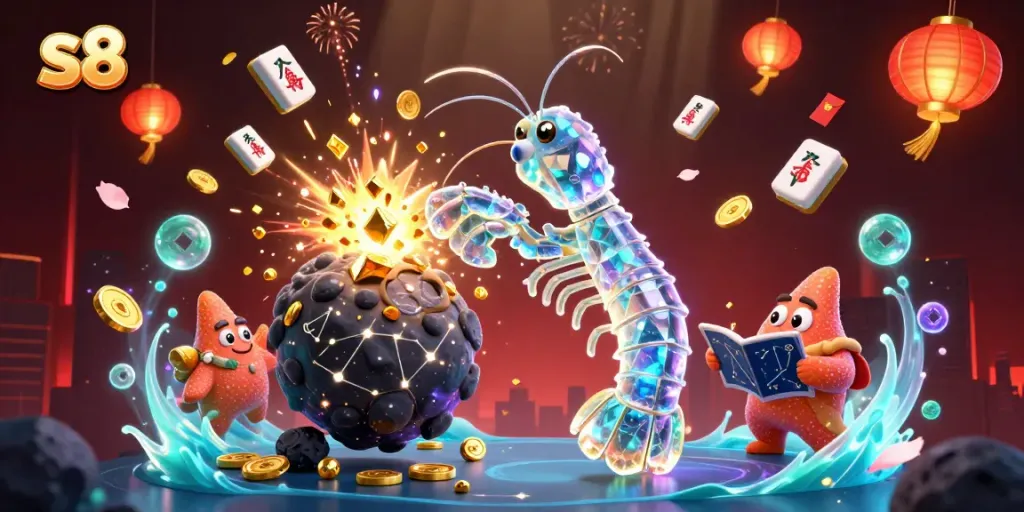S8's galactic adventure illustrates the excitement of winning with samurai shrimp and treasures.