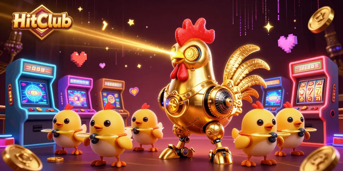 HitClub showcases an exciting dynamic gaming scene with a golden rooster robot amidst casino elements.