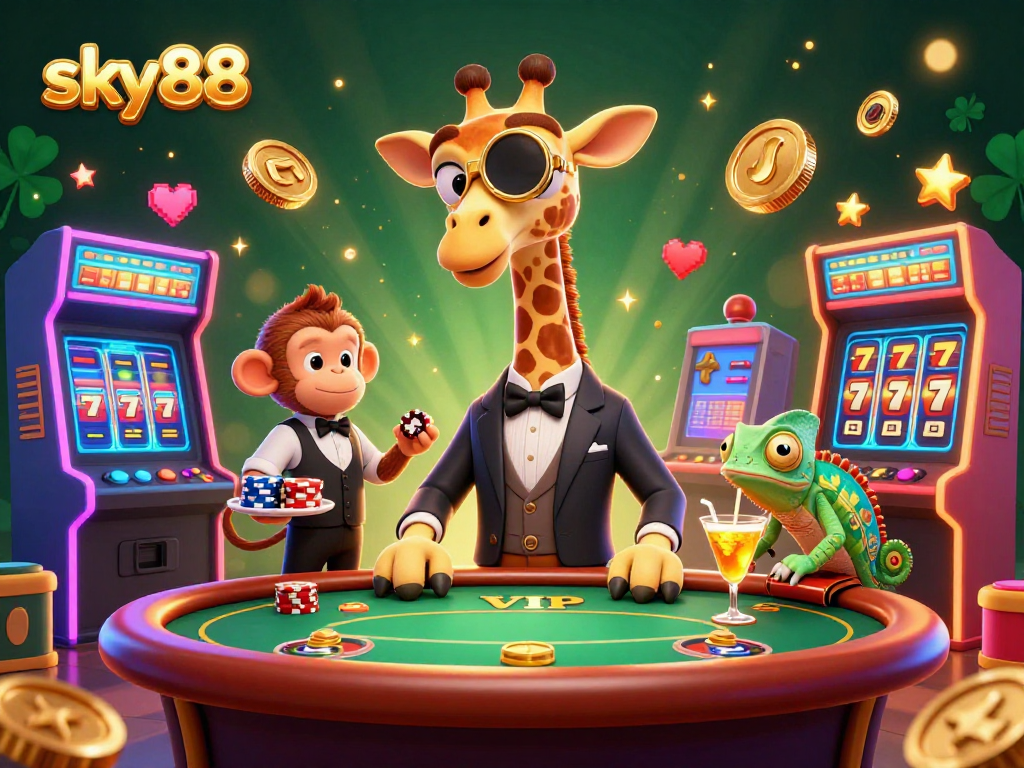 Experience the sky88 casino excitement with a giraffe, monkey, and chameleon in a vibrant gaming scene.