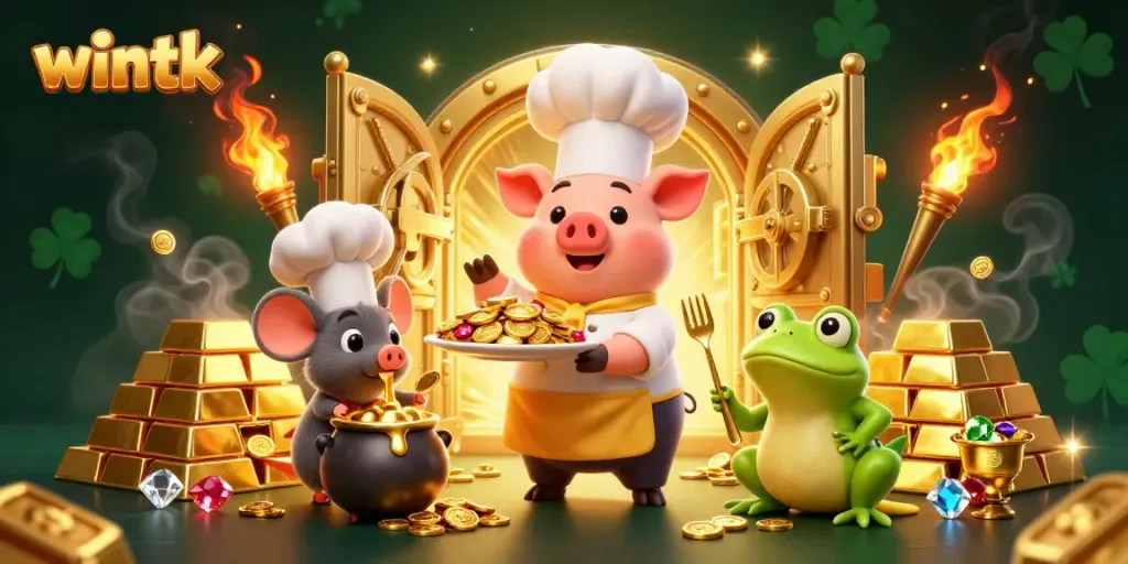 Experience the thrill of winning at wintk with a vibrant casino scene featuring characters surrounded by gold coins and treasures.