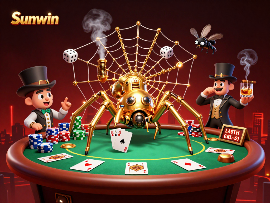 Sunwin showcases a steampunk spider ensnaring dice amidst vibrant casino elements.