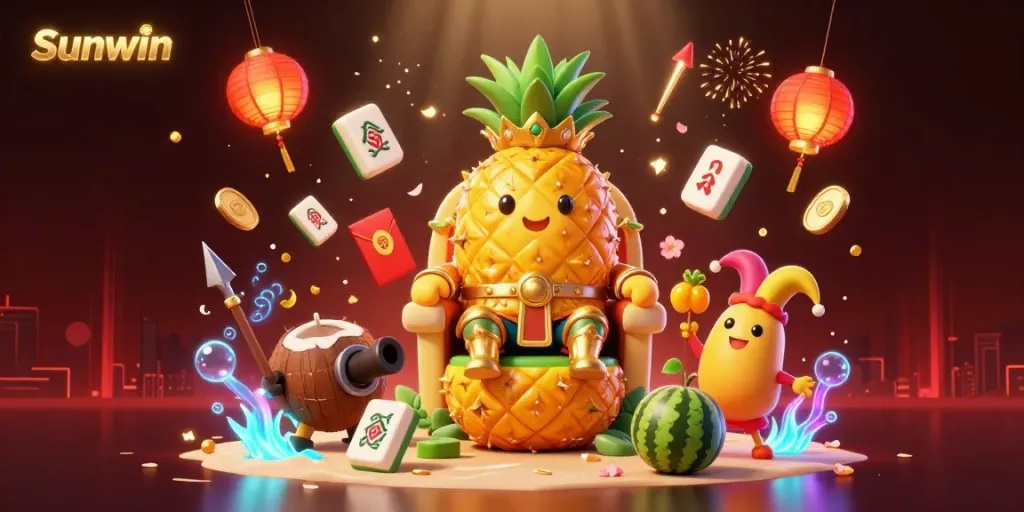 Engage with Sunwin's golden pineapple king in a vibrant casino scene, showcasing lively gaming elements.