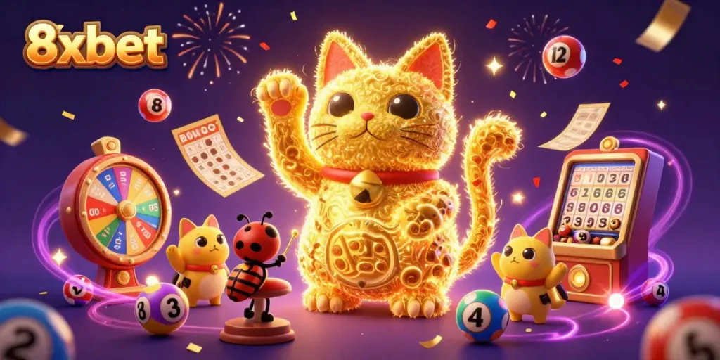 Engage with the vibrant world of 8xbet through a dynamic 3D illustration showcasing a lucky cat and casino symbols.