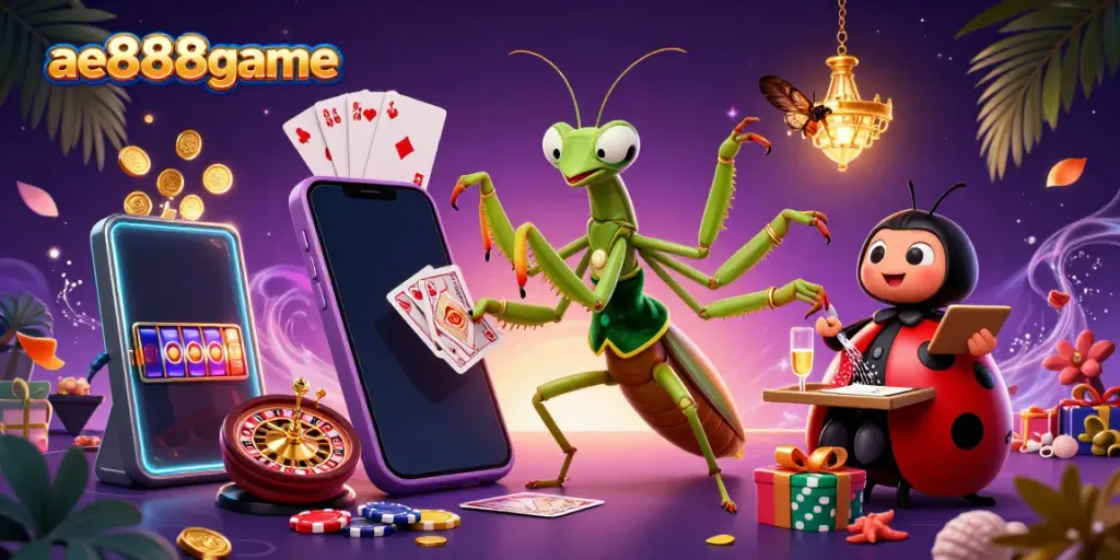 Engage with ae888game in a vibrant casino scene featuring a mantis card sharp and ladybug pit boss.