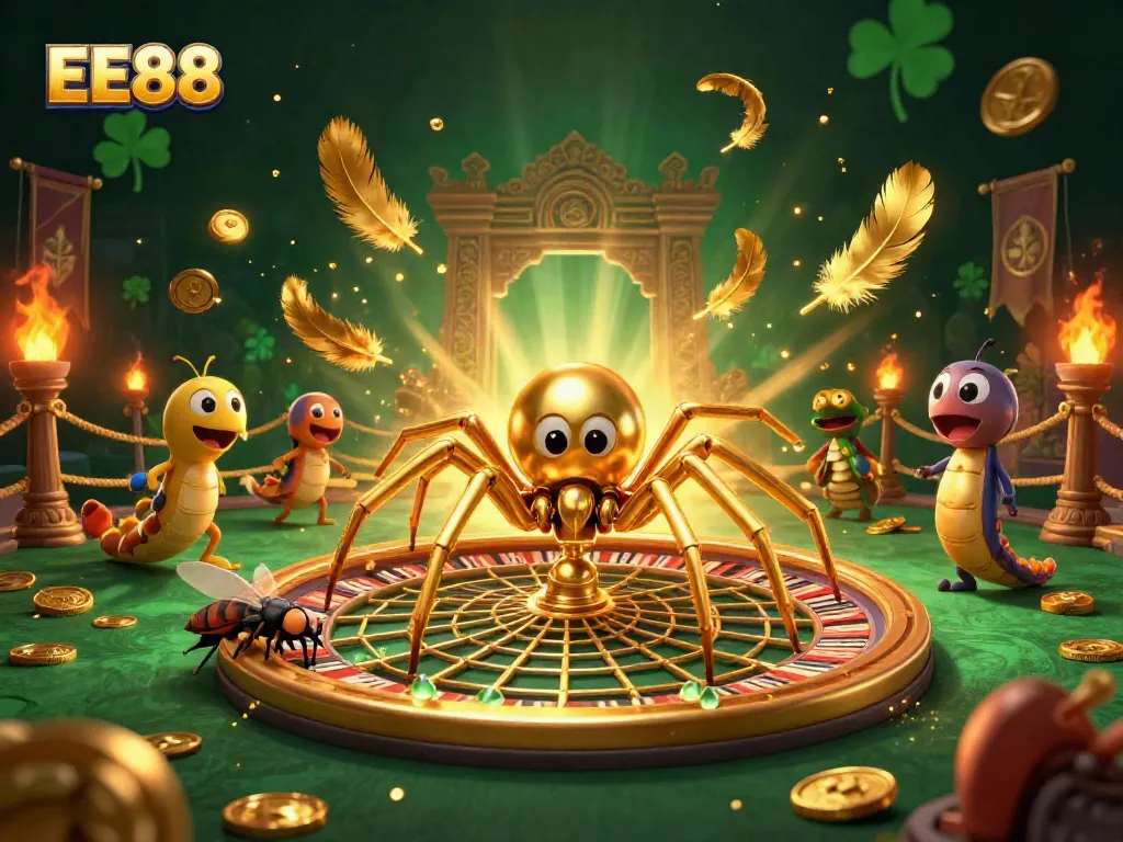 Engage in thrilling gameplay at EE88, where the golden spider spins riches in a vibrant casino scene.