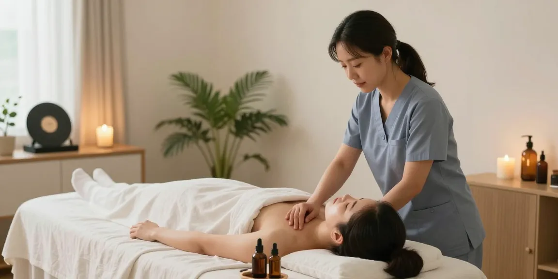 강남출장마사지 session in a calming home environment, therapist providing relaxation.