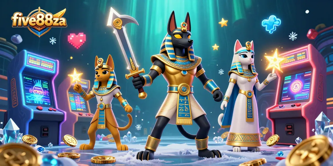 Engage with five88za's thrilling world of ancient Egypt, featuring Anubis and Bastet in an elaborate casino scene.