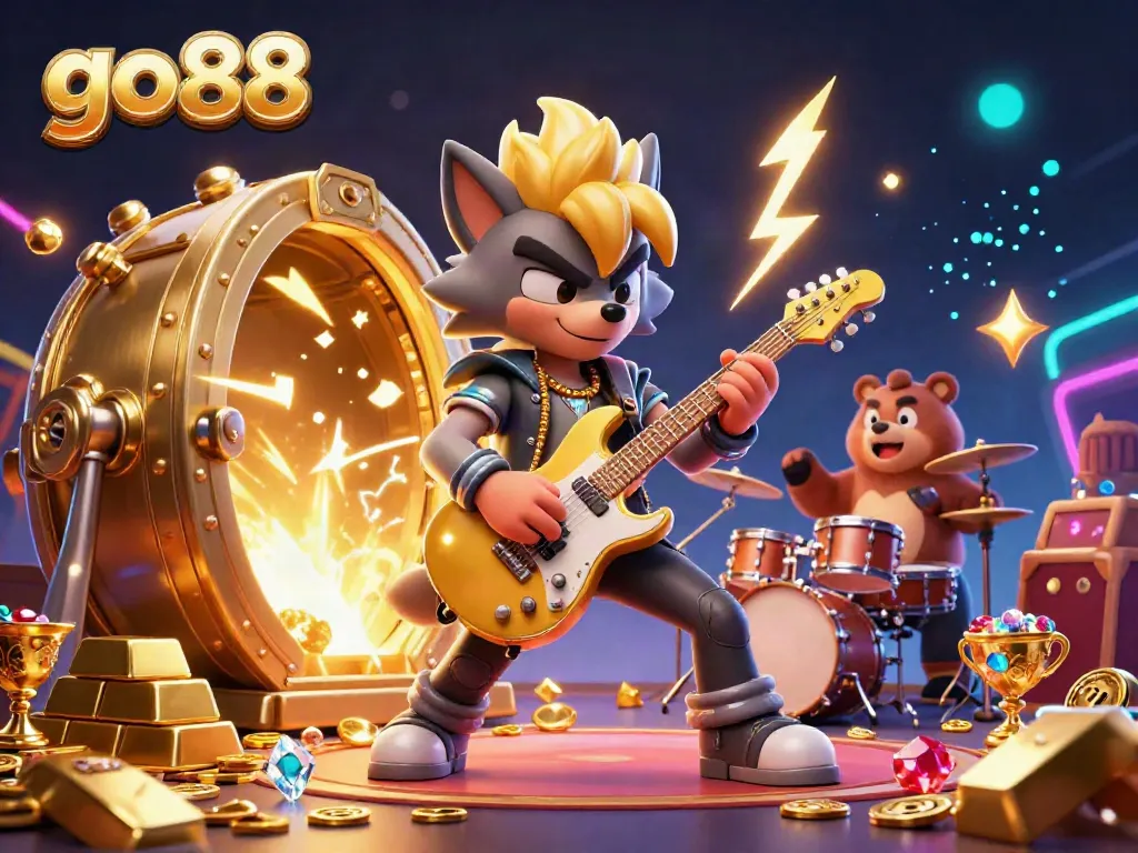 Engage in thrilling action at go88 with a vibrant 3D casino scene, featuring rock star characters and gold treasures.