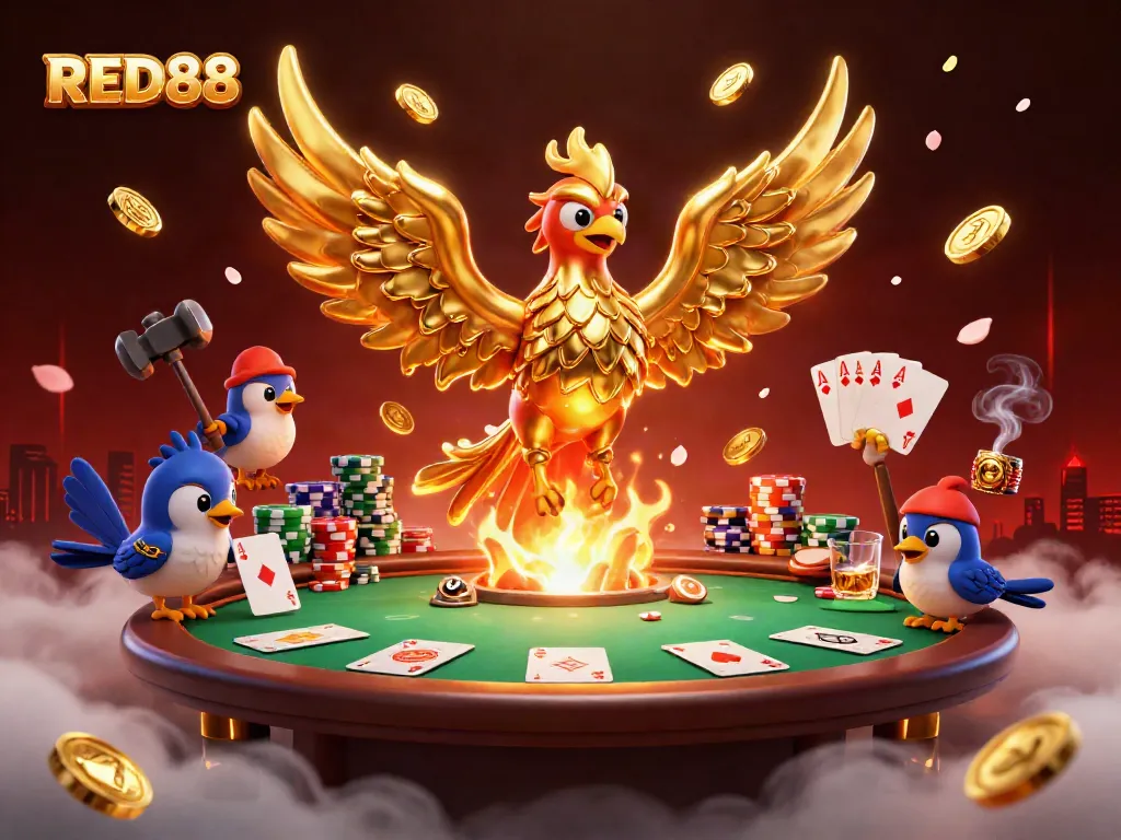 Experience the excitement of RED88 with a golden phoenix and poker-themed casino scene.
