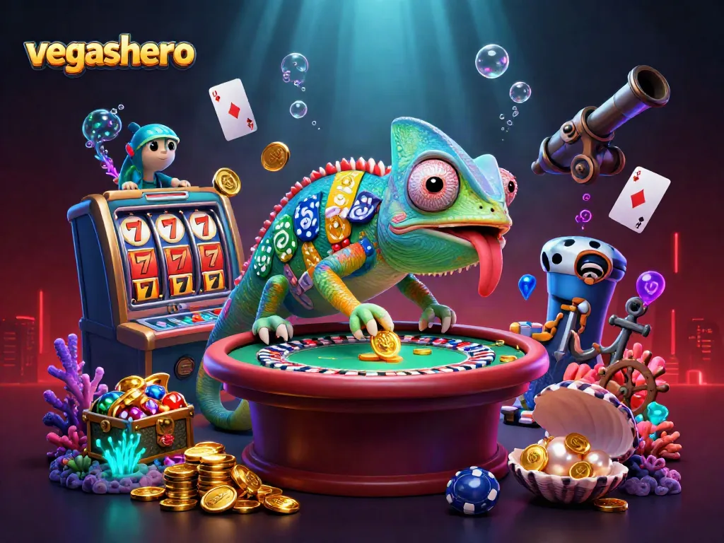 Engage with vegashero's colorful chameleon casino owner in this dynamic casino illustration.