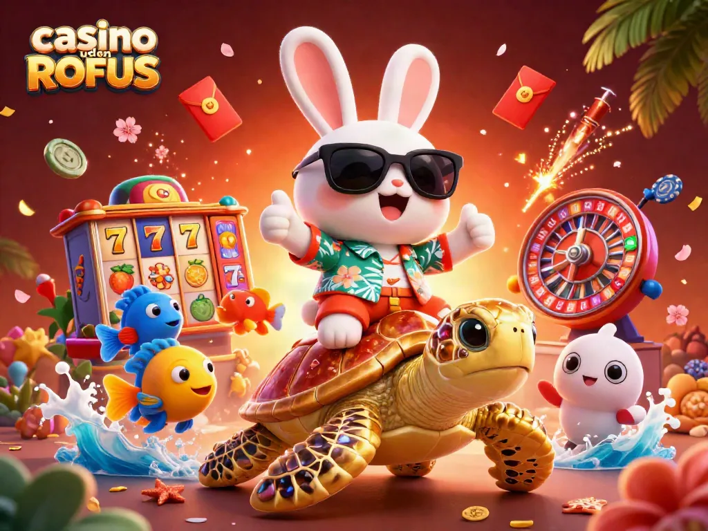 Engaging scene showcasing casino uden ROFUS with a lucky rabbit and golden sea turtle amidst vibrant gambling elements.