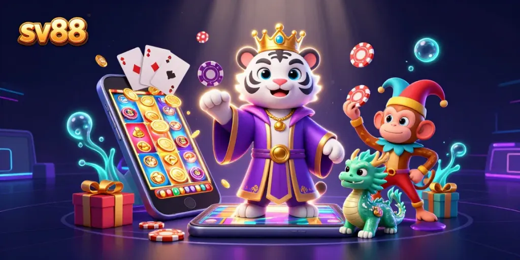 Win big with slots at sv88, featuring a vibrant casino scene with colorful game elements.