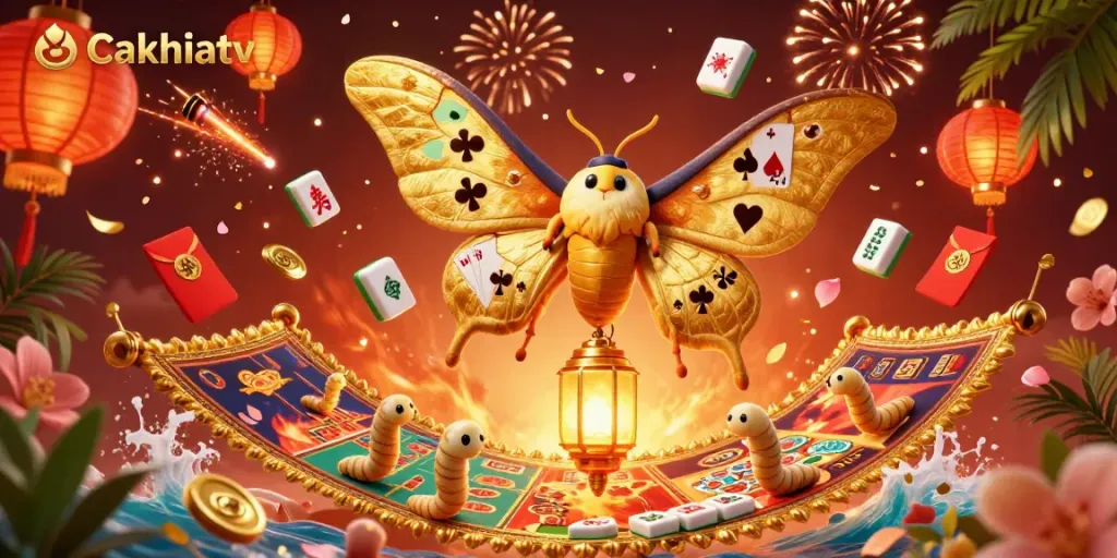 Cakhiatv's vibrant illustration showcases a golden-winged moth amidst dazzling casino elements, capturing the thrill of gambling.