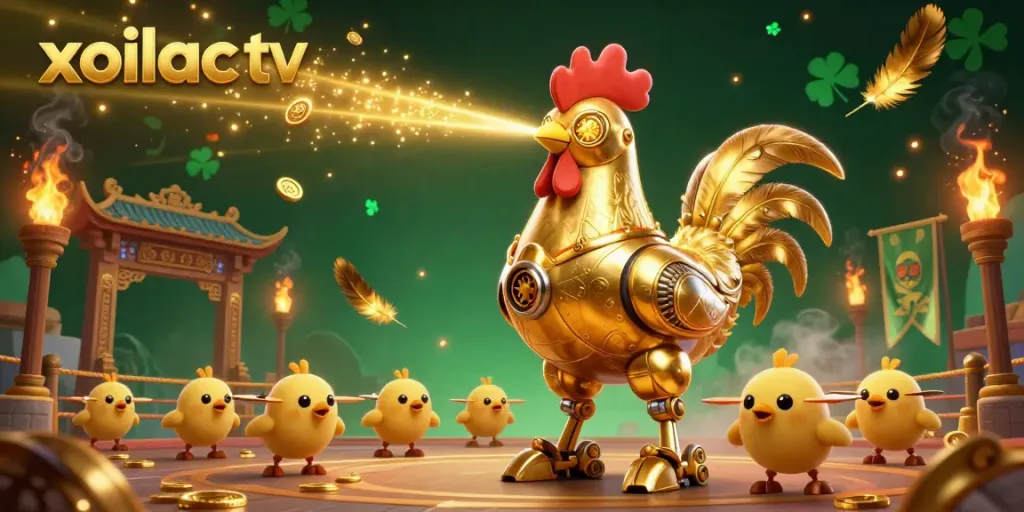 Xoilac TV showcases a golden rooster robot with laser beams and chick drones amidst dynamic casino elements.