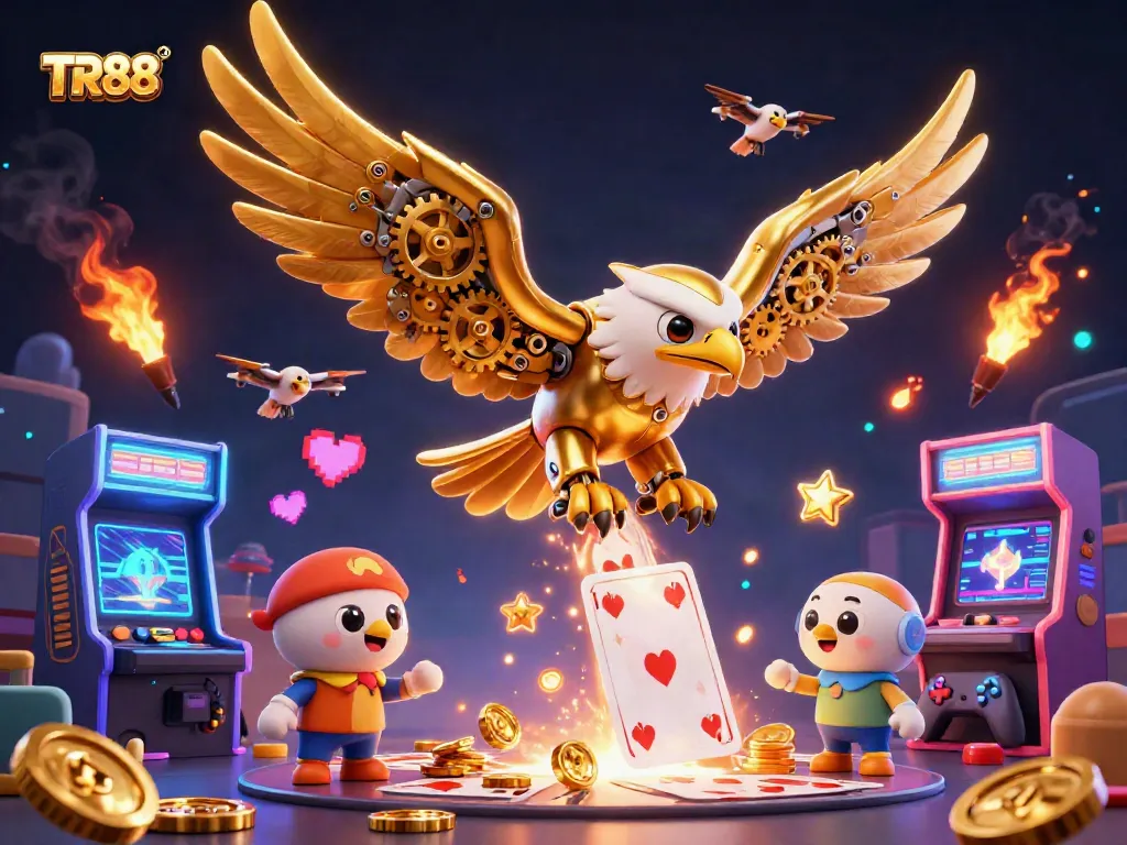 Experience TR88 gaming excitement with a cybernetic eagle and vibrant casino elements.