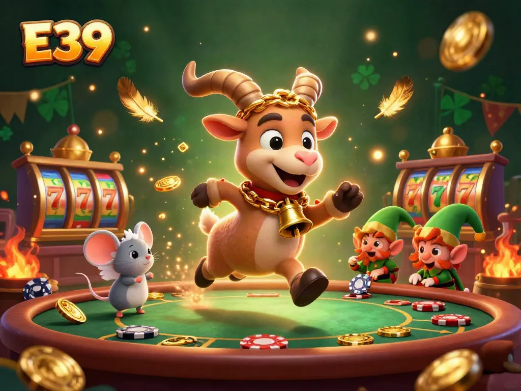 E39 holiday-horror casino scene with a Krampus goat, angel mouse, and elf gremlins amid vibrant gambling elements.