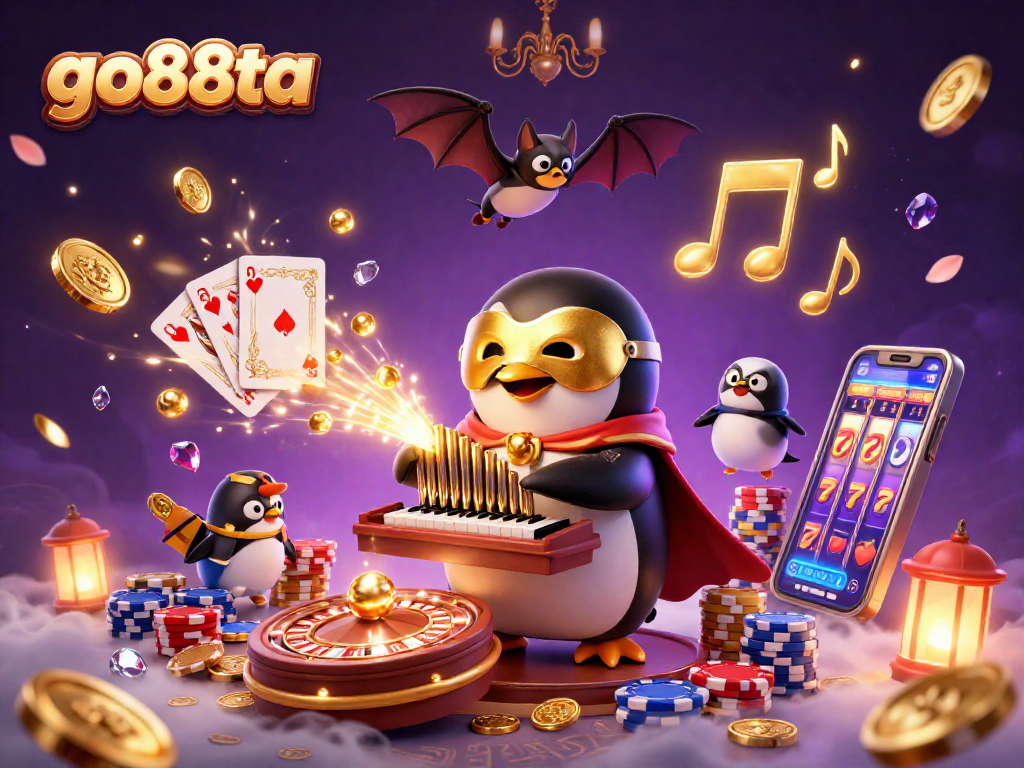 Embark with go88ta's unique casino energy as coins and gems fly while a penguin plays music.