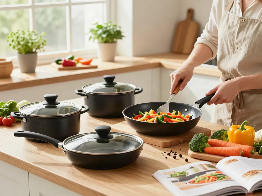 Non-Stick Cookware price in bangladesh displayed with cookware on a bright kitchen counter during cooking.