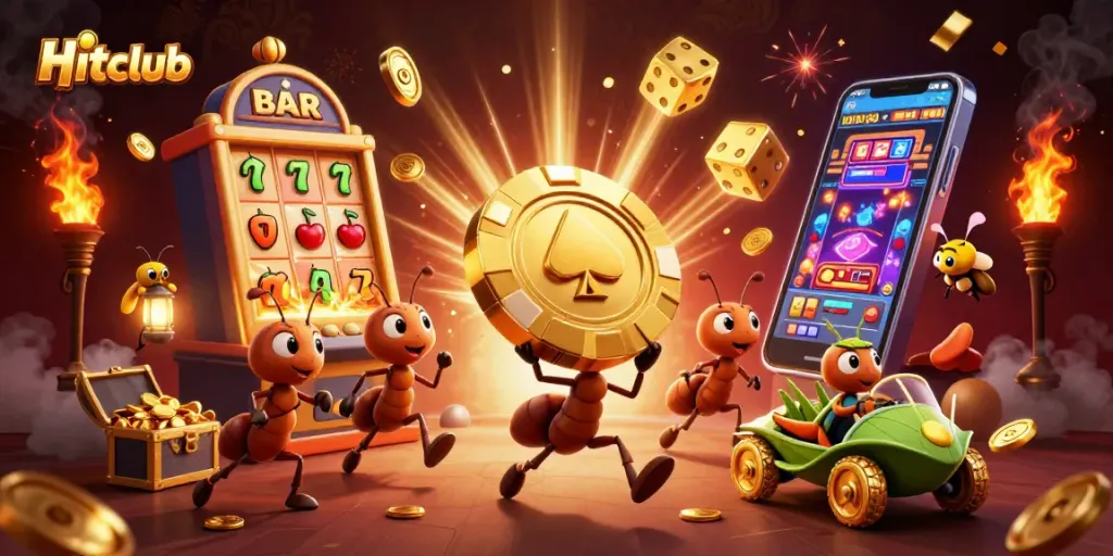 Hitclub-themed scene illustrating ants with a golden poker chip, surrounded by a vibrant casino atmosphere.