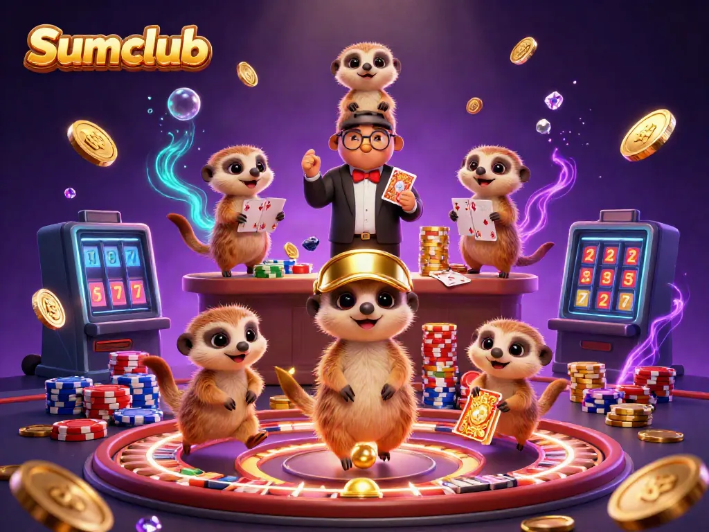 Experience the vibrant Sumclub casino with playful meerkats engaging in a colorful gaming scene.