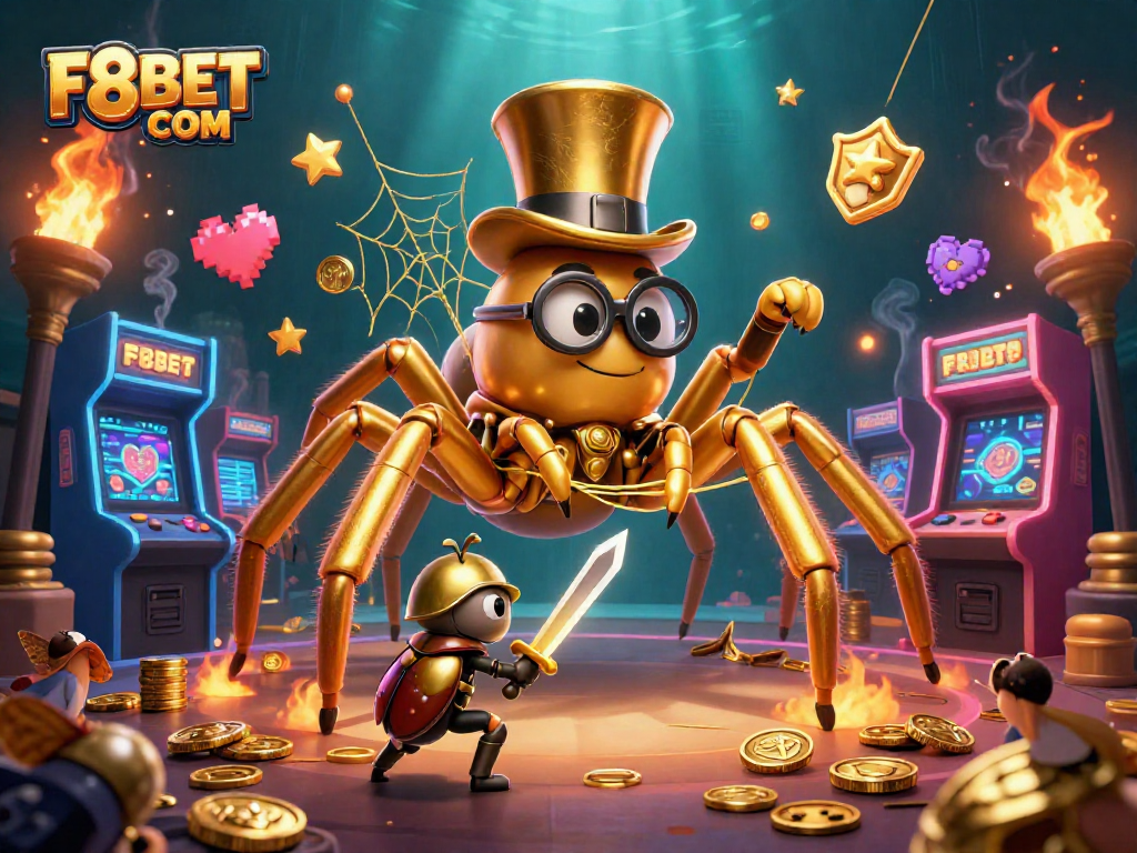 Experience the thrill of F8BET COM games with a vibrant 3D illustration of a golden tarantula weaving excitement.