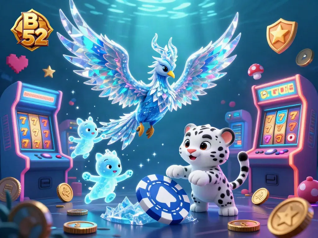 Join the exciting gambling adventure at B 52 with an ice phoenix and playful characters in a vibrant casino scene.