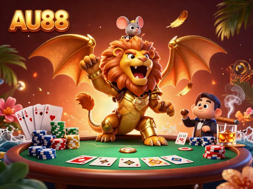 Experience thrilling gameplay at AU88 with a golden chimera and poker elements in a dynamic casino scene.