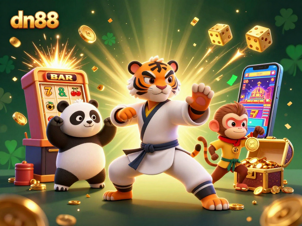 Experience dn88's thrilling gaming adventure with a vibrant 3D casino scene featuring iconic characters.