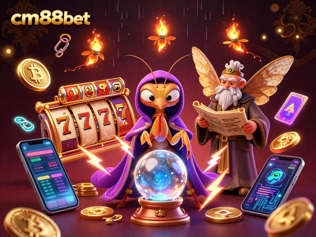 Experience winning strategies with cm88bet's vibrant casino world, showcasing slot reels and crypto elements.