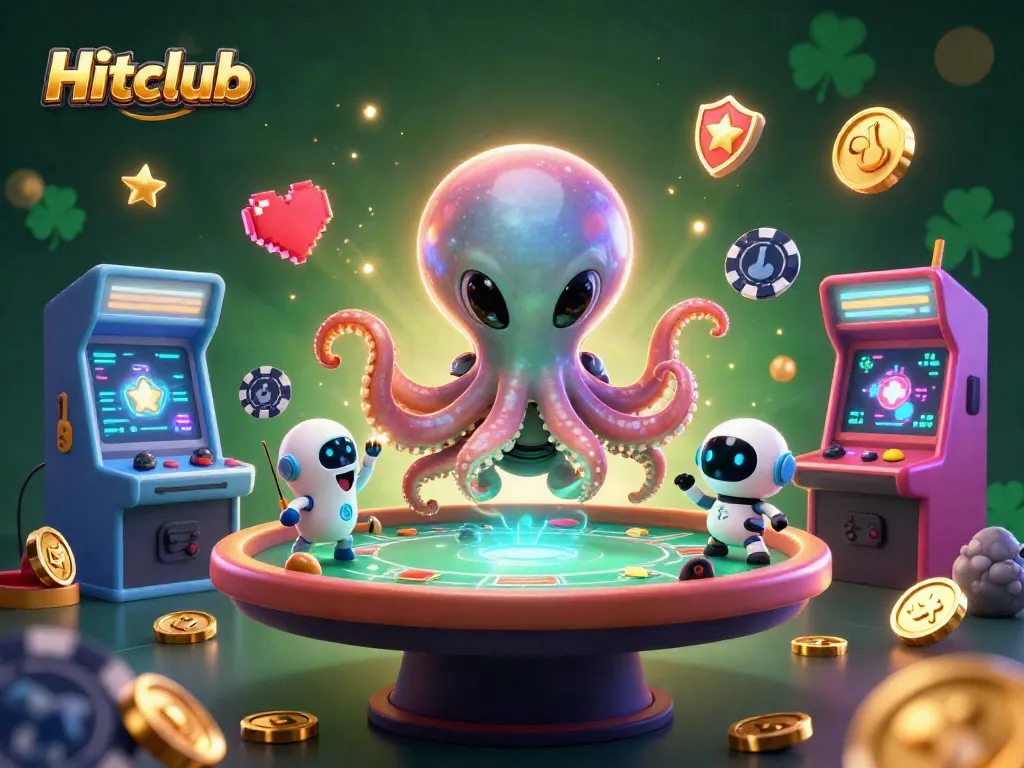 Hitclub players engaging with a whimsical poker game scene featuring an alien octopus and a robot