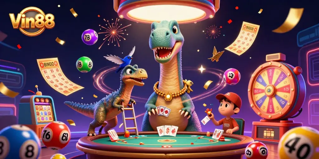Engage with thrilling Vin88 casino adventures featuring a brontosaurus dealer.