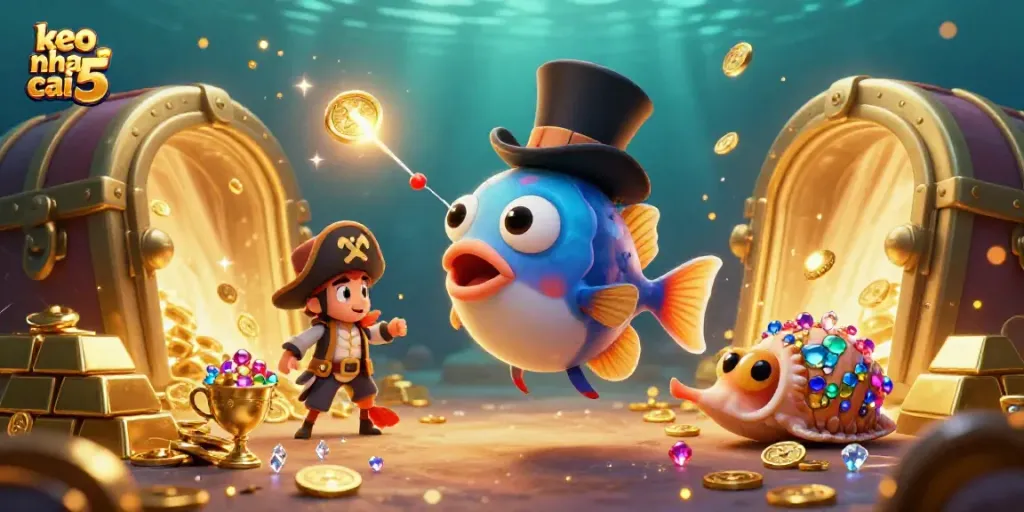 Engage with exciting keo nha cai 5 action, featuring a deep-sea anglerfish attracting golden coins in a vibrant casino-themed scene.