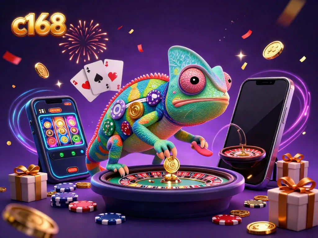 Engage with the c168 casino experience featuring an animated chameleon celebrating wins and games.