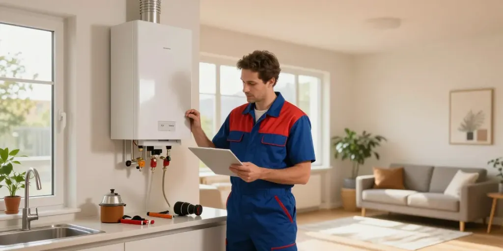 Vakkundige chauffagiste in Brussel inspecteert een moderne verwarmingsinstallatie in een gezellige woning.