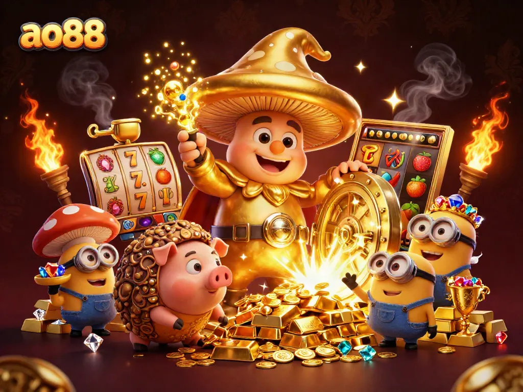 Experience the thrill of ao88 as the golden wizard reveals treasures and jackpots in this vibrant casino illustration.