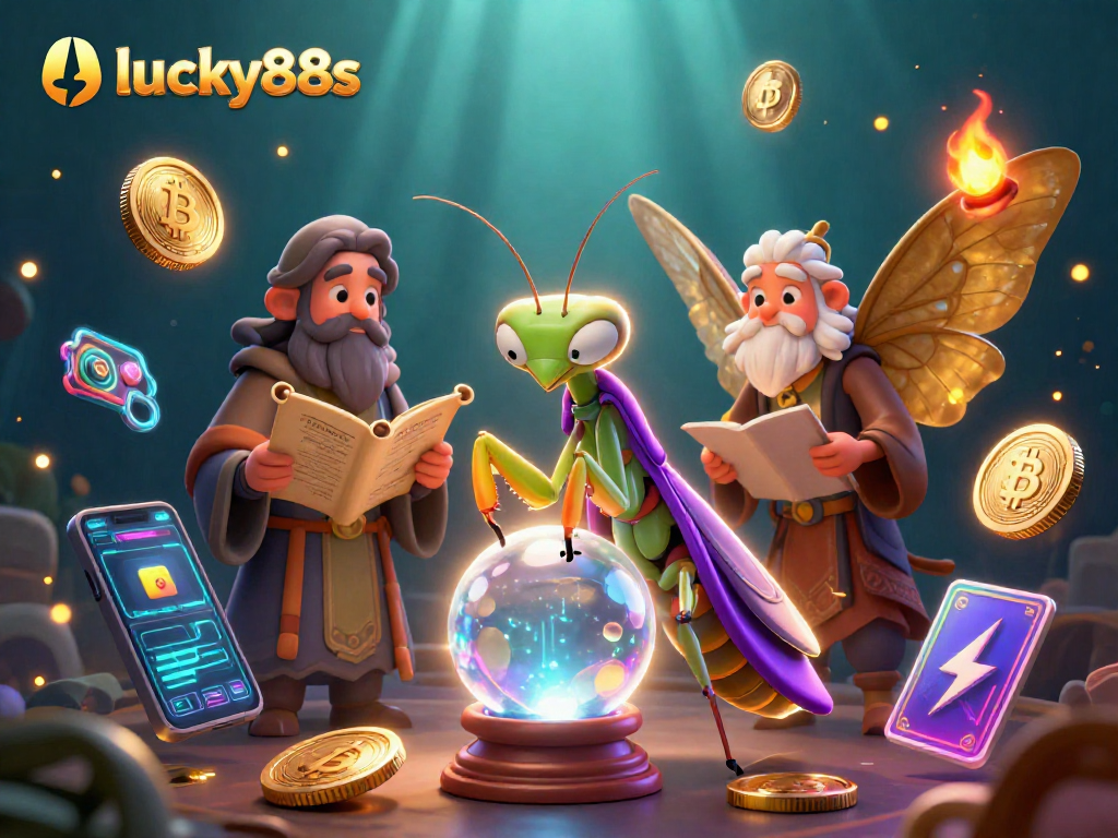 Engage in exciting gambling with lucky88s, featuring a mystical fortune teller, ancient scrolls, and vibrant cryptocurrencies.