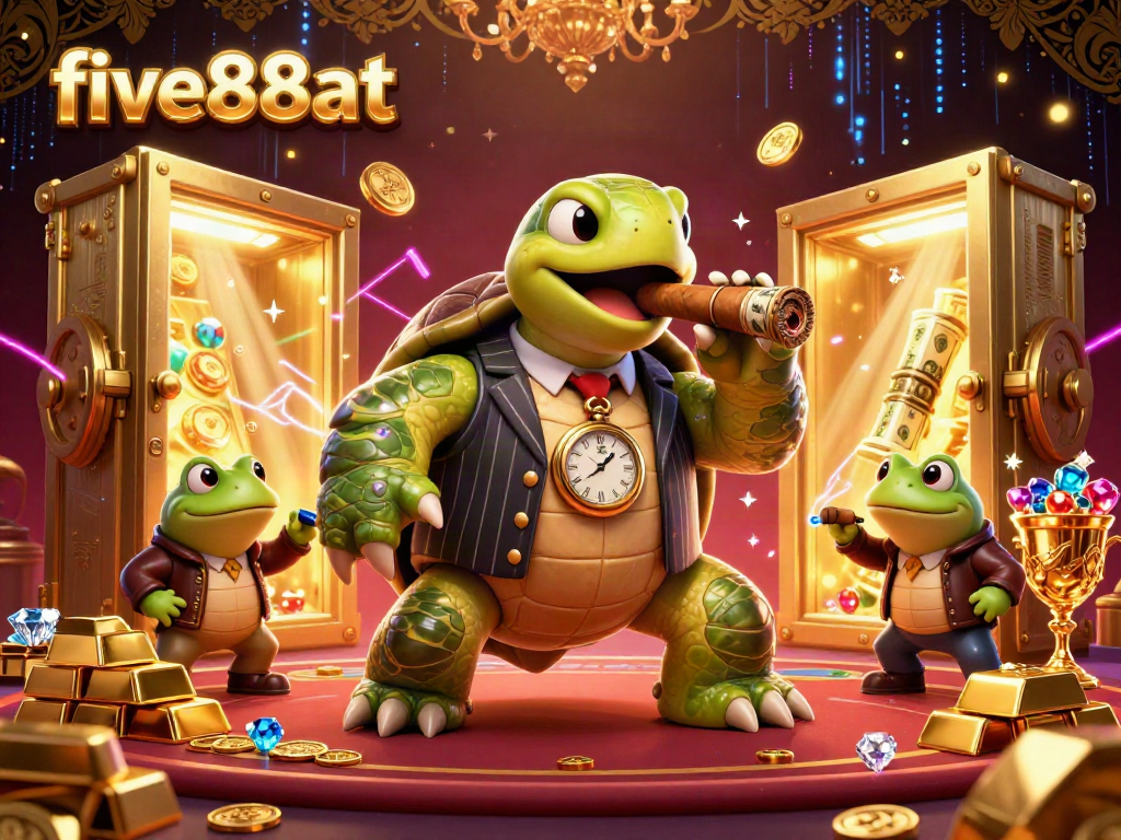 Engage in gaming excitement with five88at featuring a turtle mobster and bullfrog enforcers amidst dynamic casino treasures