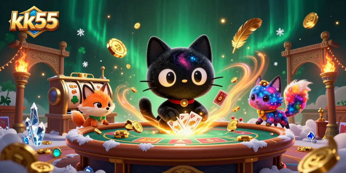 kk55 highlights a cosmic casino scene with vibrant characters and dynamic gaming elements.