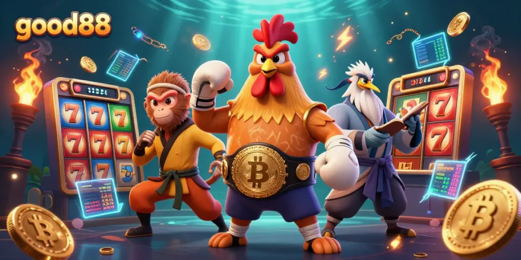 Experience thrilling jackpots with good88 in this dynamic casino-themed illustration featuring exciting characters and elements.