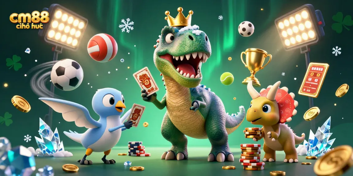 Experience thrilling moments at cm88 chính thức as a friendly dinosaur shuffles cards and stacks chips in a vibrant casino environment.