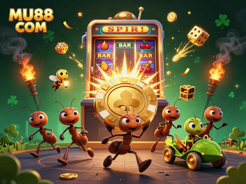 Experience MU88 COM with a thrilling heist of ants stealing a poker chip amid exploding casino jackpots.