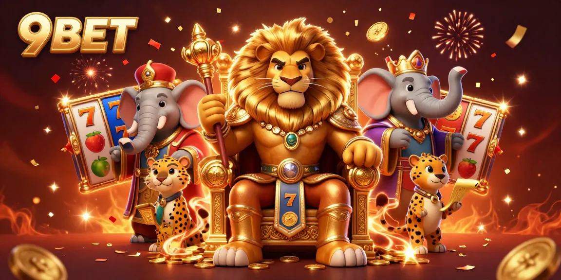 Engage with 9BET in a vibrant, cartoonish casino scene featuring a lion king and slot games.